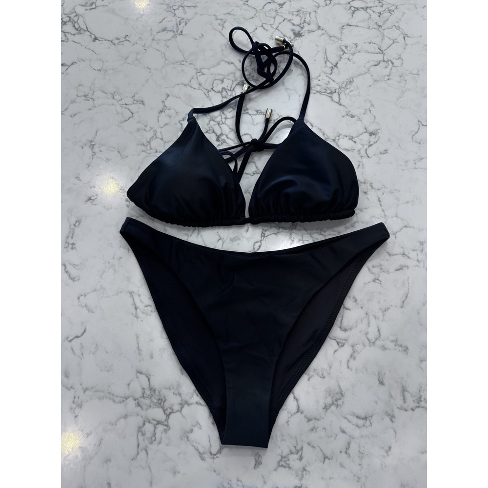 NWOT Quince Black Italian Triangle Bikini Top & Low Rise Bottom Set Size XS